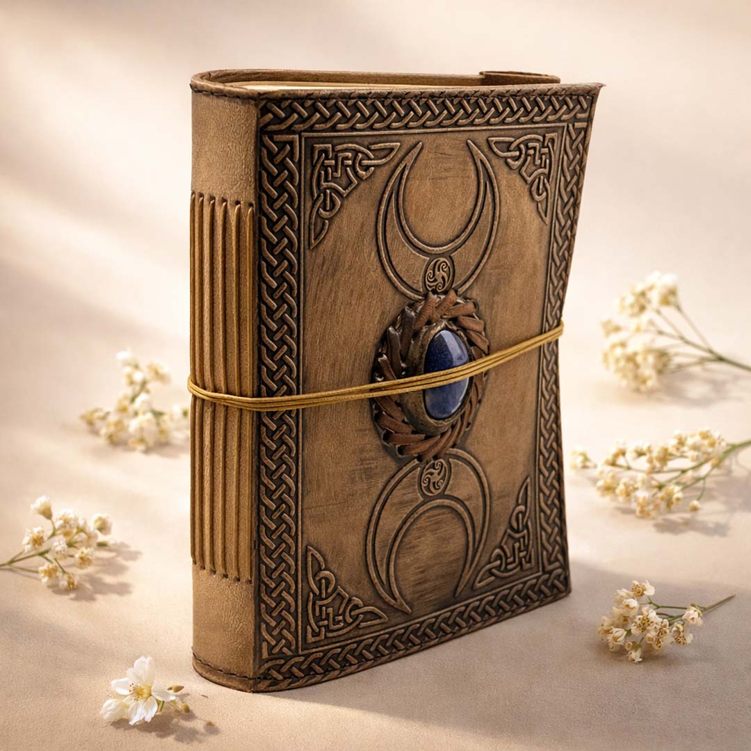 Celestial Moon Leather Journal with Stone