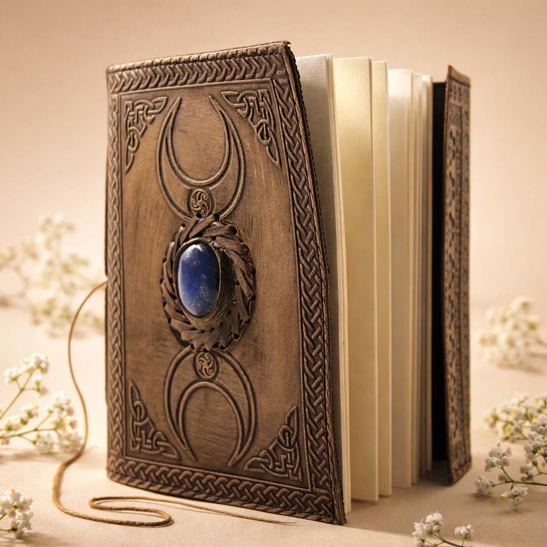 the Celestial Moon Leather Journal with Stone is designed for dreamers