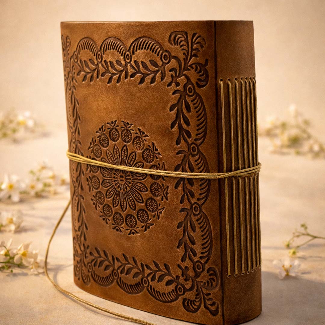 Handmade Celestial Moon Leather Journal with Stone